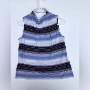 Women's S Blue Stripe Blouse Mock Neck Sleeveless Top Coastal Preppy Clean Girl